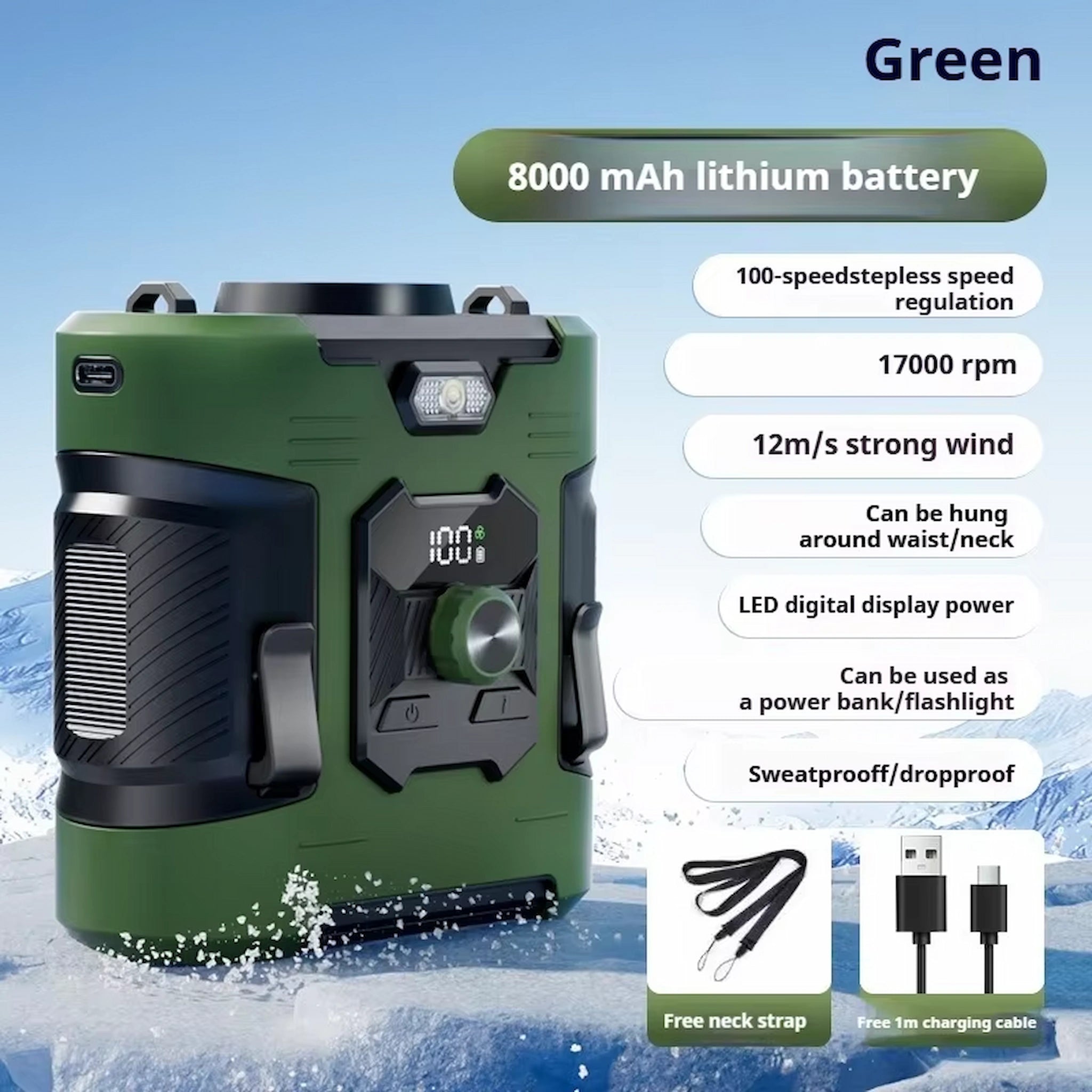 High-Speed Waist-Mounted Fan for Outdoor Sports & Camping - USB-Rechargeable with Power Bank Function, 8000Amh