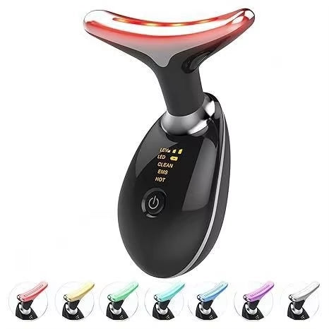 Masseur cou et visage Amélioration de la luminothérapie LED sept couleurs Vibration Beauté faciale Dispositif anti-rides et raffermissant pour la peau