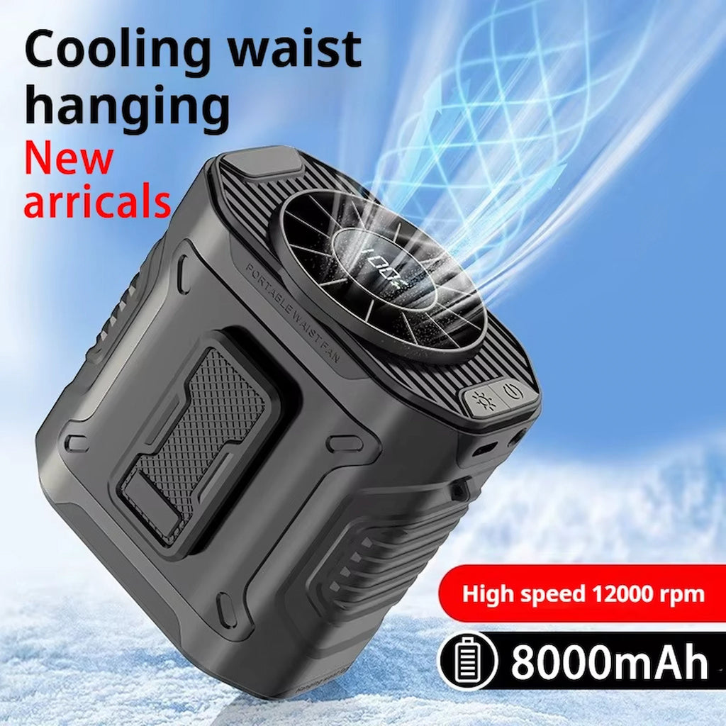 Ventilateur de ceinture portable, ventilateur de 8000 mAh rechargeable par USB, 3 vitesses, ventilateur de cou suspendu avec batterie externe et lumière LED, ventilateur pour le camping en extérieur