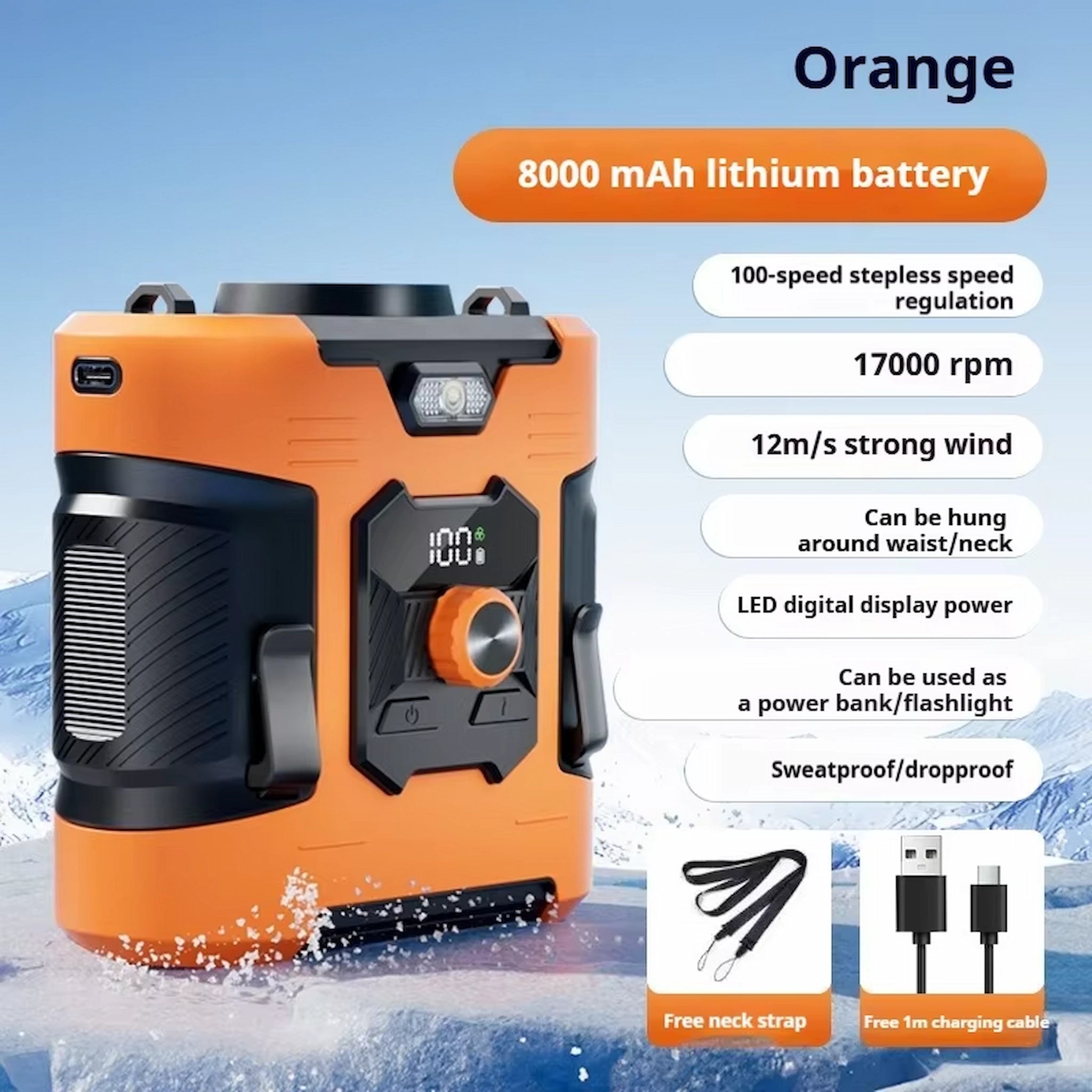 High-Speed Waist-Mounted Fan for Outdoor Sports & Camping - USB-Rechargeable with Power Bank Function, 8000Amh