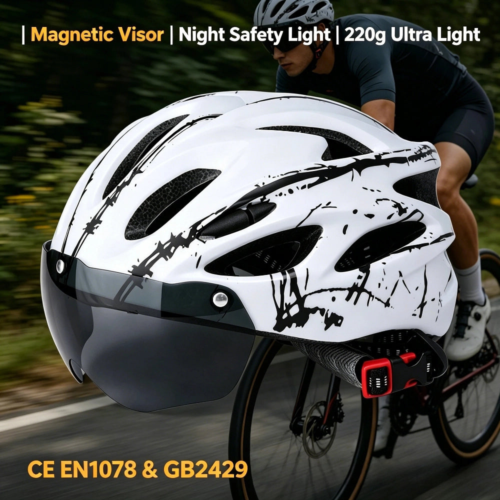 Safety Cycling Helmet for Men Women - Ultra Light MTB Road Bike Helmet with Magnetic Visor & LED Rear Light