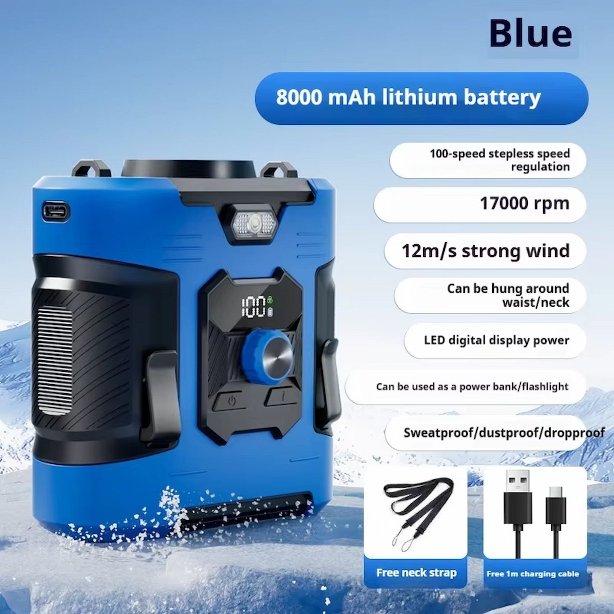 High-Speed Waist-Mounted Fan for Outdoor Sports & Camping - USB-Rechargeable with Power Bank Function, 8000Amh