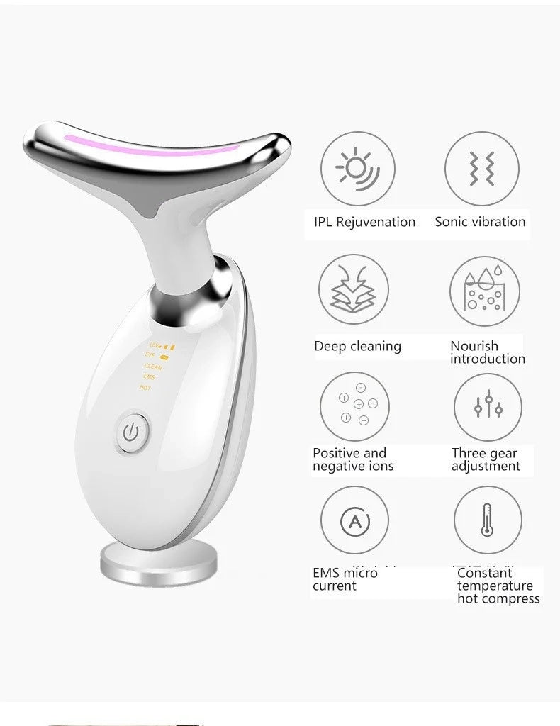 Masseur cou et visage Amélioration de la luminothérapie LED sept couleurs Vibration Beauté faciale Dispositif anti-rides et raffermissant pour la peau